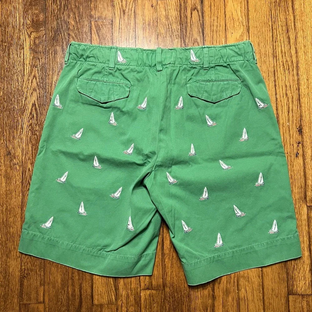 Polo Ralph Lauren Men's Boat Shorts Green Sailboats Size 35 100% Cotton